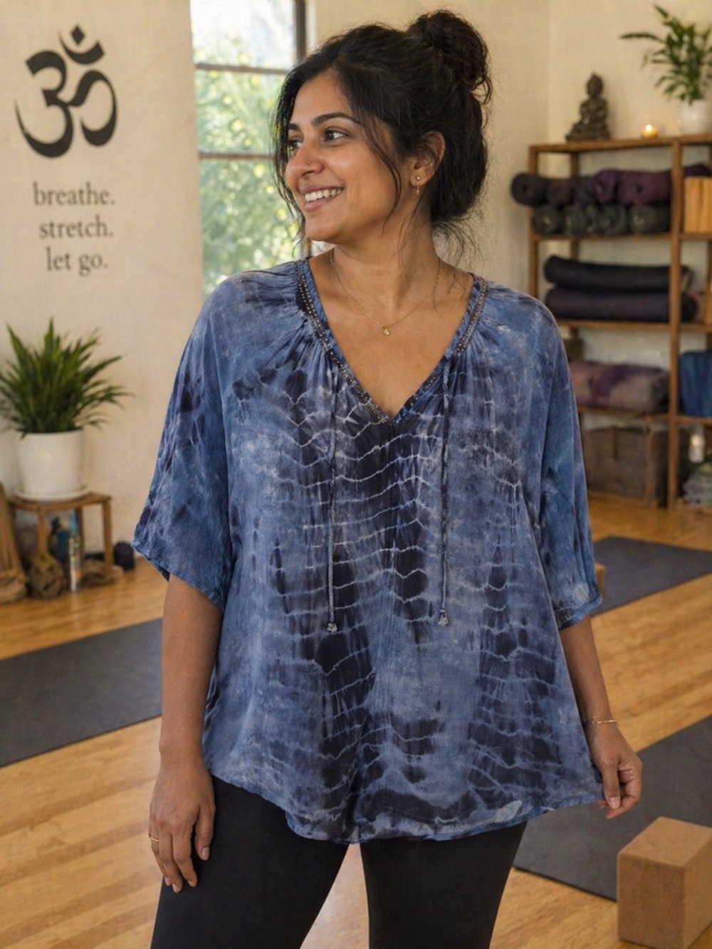 Women’s Blue Tie-Dye V-Neck Tunic with Beaded Tassel Detail